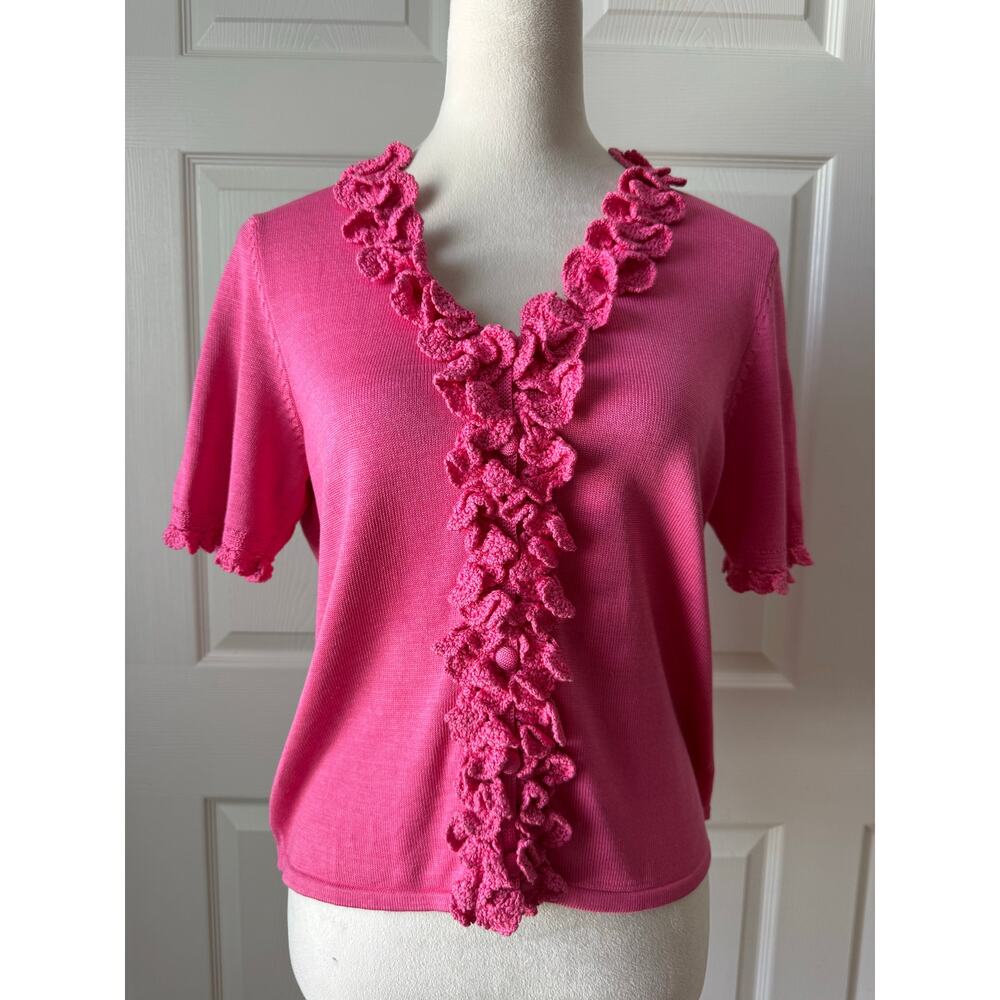 Michael Simon Pink Ruffle Cardigan Vintage Y2K Silk Cotton Blend Small Artsy Top